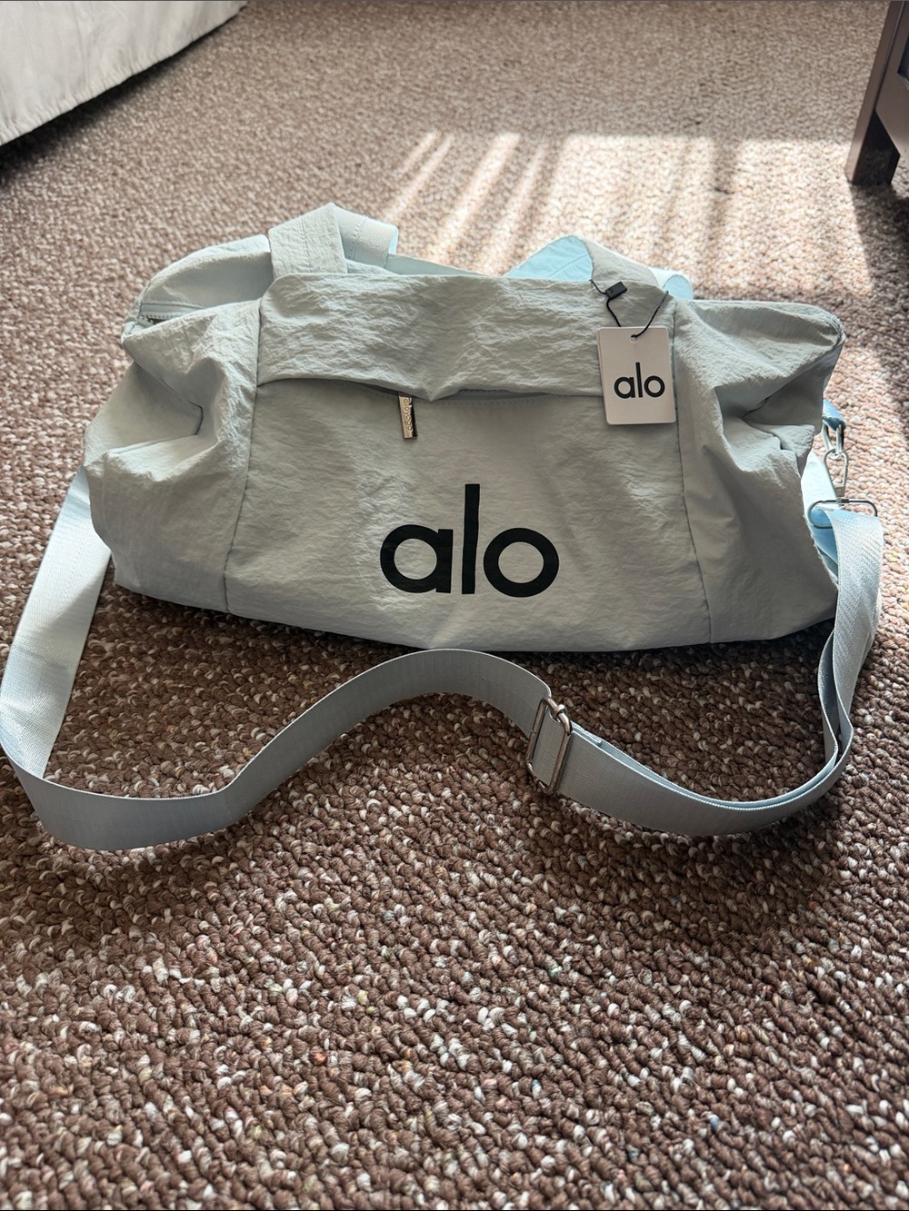 ALO Yoga Dust Blue Duffel Bag with Black Logo - Picture 2 of 6